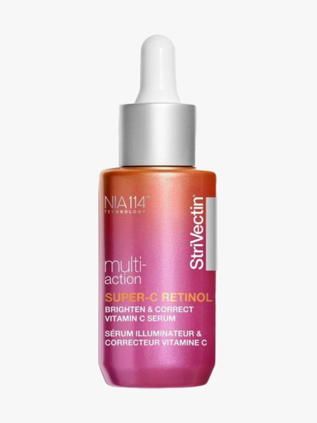 StriVectin Multi-Action Super-C Retinol Brighten & Correct Vitamin C Serum pink and orange serum bottle on light gray background