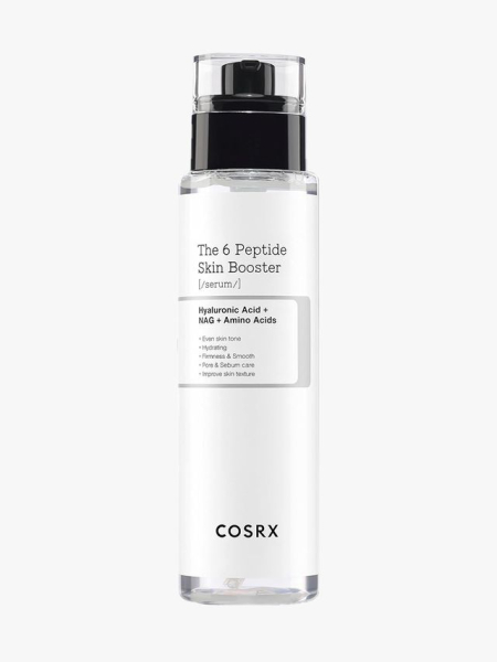 Cosrx The 6 Peptide Skin Booster clear bottle with black pump cap on light gray background