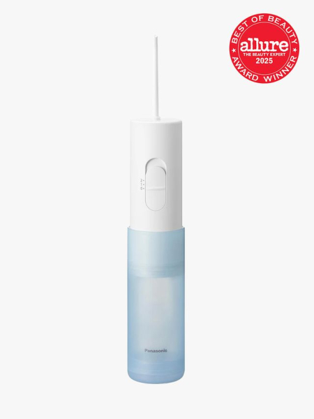 Portable Cordless Water Flosser in sky blue and white color way on light gray background with red Allure Best of Beauty seal in the top right corner