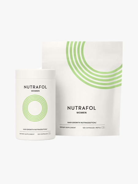 Nutrafol Women's Hair Growth Supplements jar and bag of hair supplements on light gray background